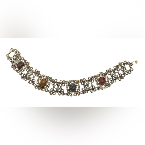 Vintage Jewelry - Vintage Gold Tone Ornate Scroll Design Panel Linked Cabochon Gems